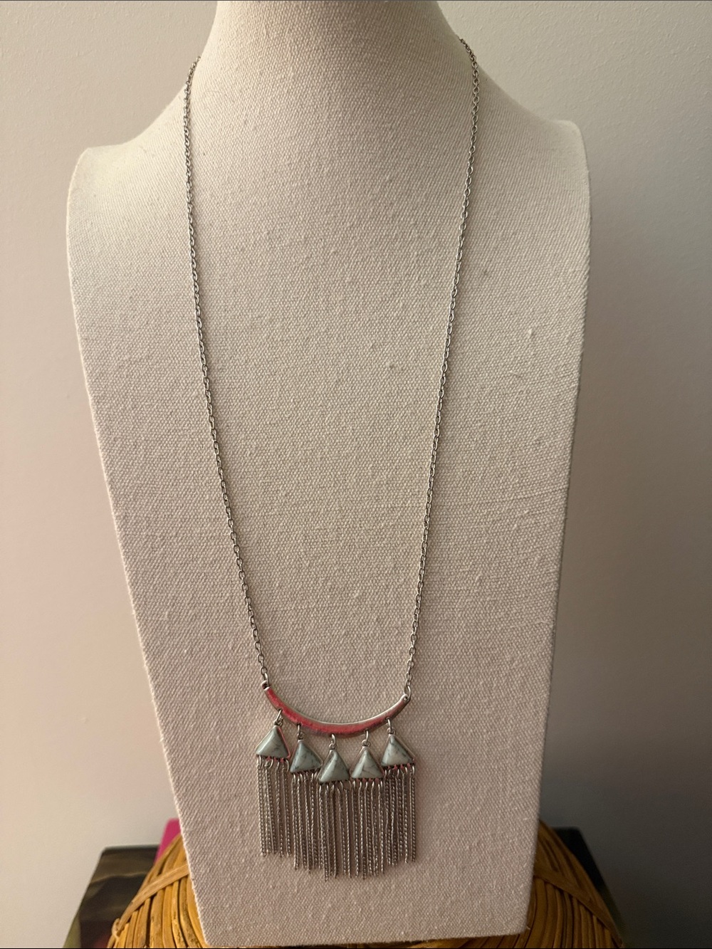 Fringe Long Silver Tone Necklace with Triangular Turquoise Stone Accents.